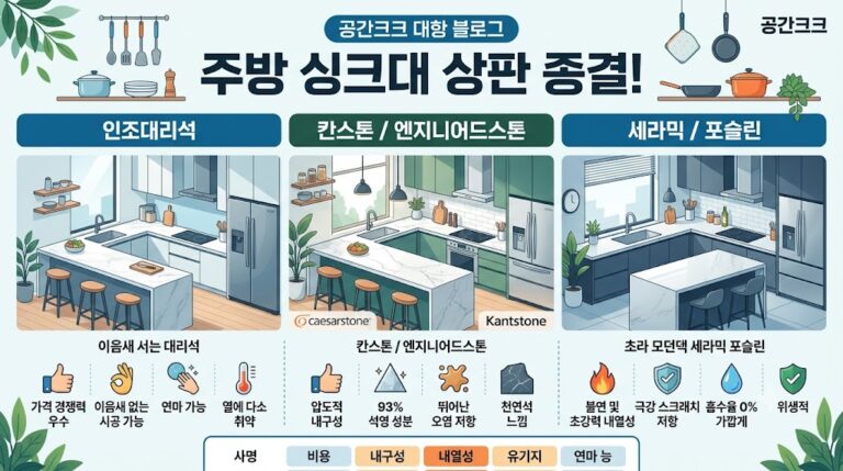 주방 싱크대 상판 종결! 인조대리석 vs 칸스톤 vs 세라믹 장단점 및 견적 완벽 비교