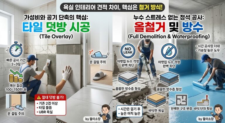 욕실 인테리어 견적의 핵심! 타일 덧방 vs 올철거(방수) 비용 및 장단점 완벽 비교