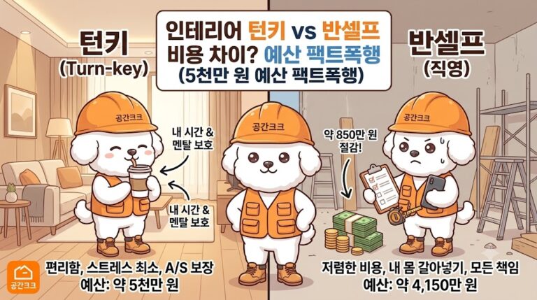 인테리어 턴키 vs 반셀프(직영) 비용 차이? 5천만 원 예산 기준 팩트폭행 장단점 완벽 비교
